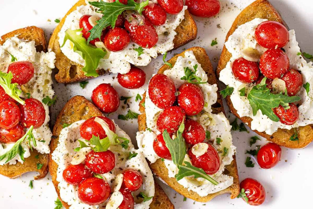Roasted Cherry Tomato Bruschetta with Basil and Ricotta